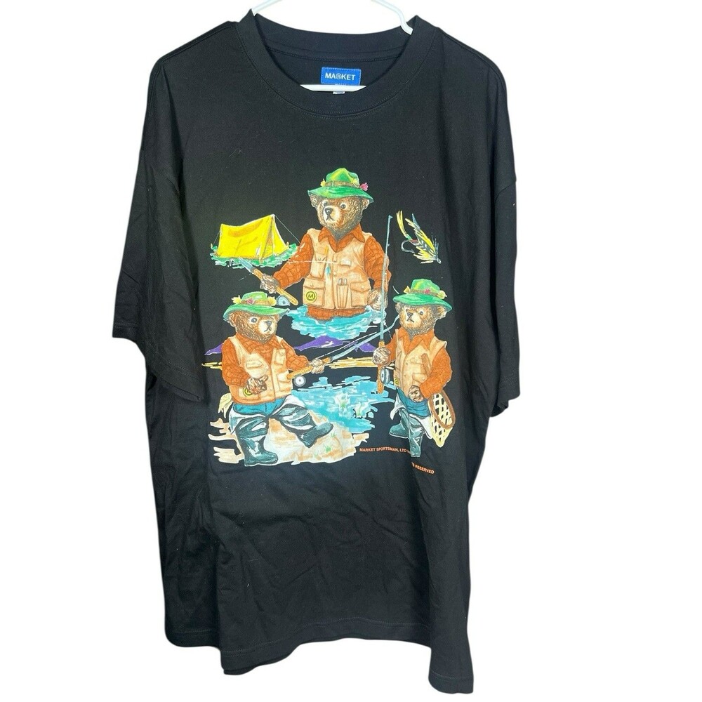 Vintage Y2K Market Sportsman Fishing Bears T-Shirt Adult Size X-Large Black